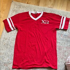 Chi Omega Greek Red V-Neck T-Shirt with White Stripes